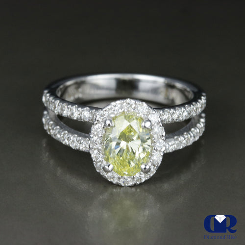 1.94 Carat Fancy Yellow Oval Cut Diamond Halo Engagement Ring In 14K White Gold