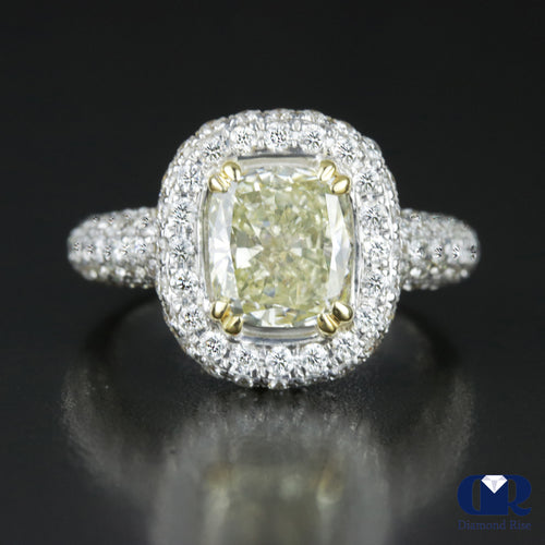2.88 Carat Fancy Yellow Cushion Cut Diamond Double Halo Engagement Ring In 14K White Gold