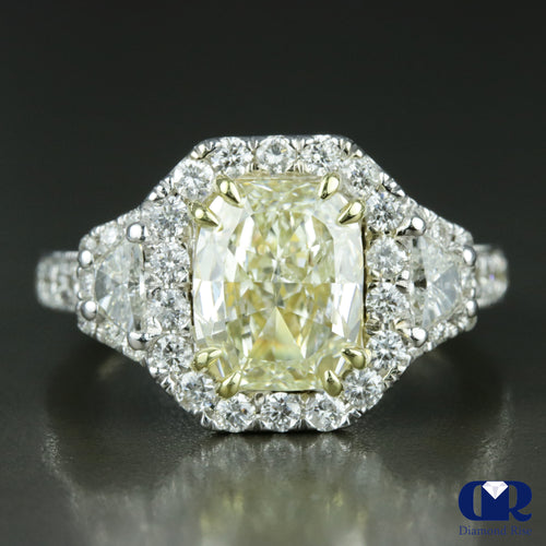 Natural 3.22 Carat Fancy Yellow Radiant Cut Halo Engagement Ring In 18K White Gold