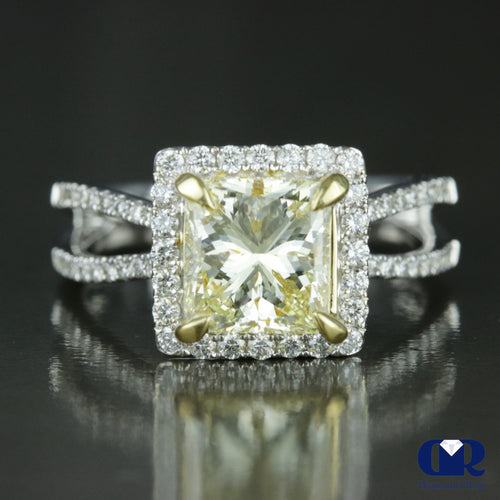 2.76 Carat Fancy Yellow Radiant Cut Diamond Halo Engagement Ring In 18K White Gold