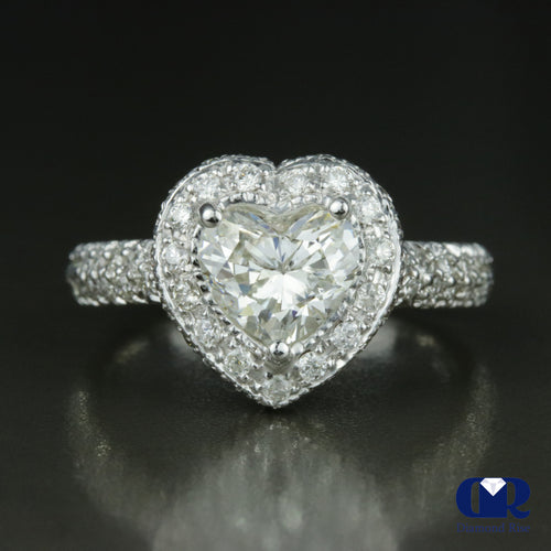 1.77 Carat Heart Shaped Diamond Halo Engagement Ring In 18K White Gold