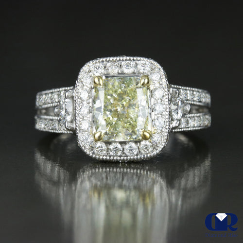 3.82 Carat Cushion Cut Fancy Yellow Halo Engagement Ring In 14K White Gold
