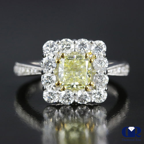 2.33 Carat Fancy Yellow Radiant Cut Diamond Halo Engagement Ring In 14K White Gold