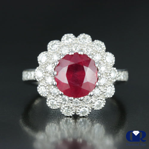 Women's Diamond & Ruby Cocktail Ring Right Hand Ring In 14K White Gold