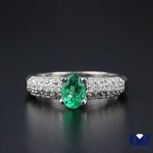 Natural 1.10 Ct Emerald & Diamond Ring Engagement 14K White Gold