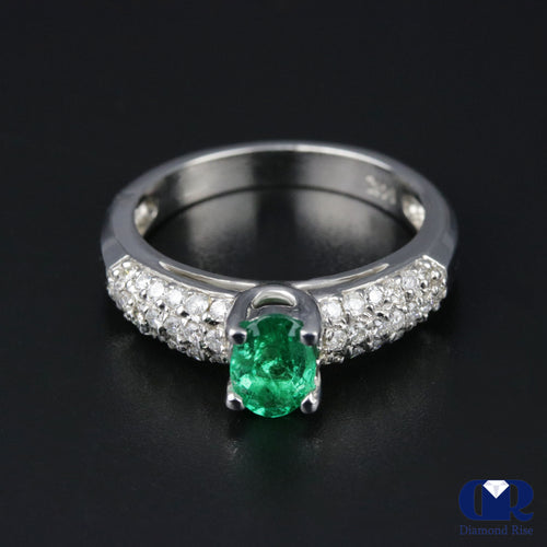 Natural 1.10 Ct Emerald & Diamond Engagement Ring 14K White Gold