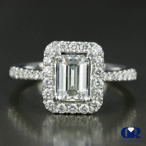 1.70 Carat Emerald Cut Diamond Halo Engagement Ring In 18K White Gold