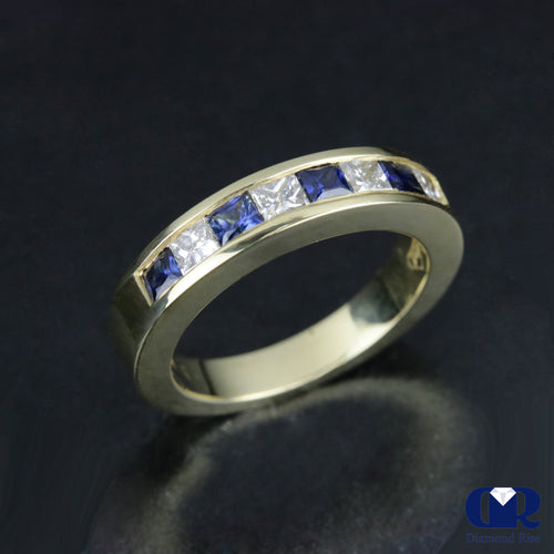 0.90 Carat Diamond Princess Cut & Sapphire Wedding Band Anniversary Ring 14K Gold
