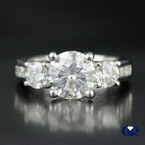 2.60 Carat Round Cut Three Stone Diamond Engagement Ring In 14K White Gold