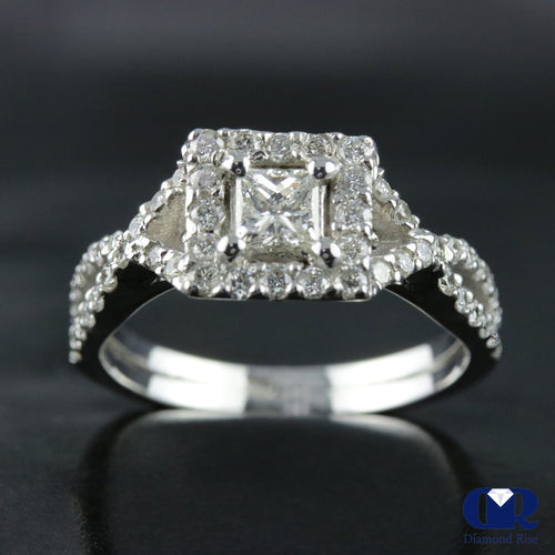 Princess Cut Diamond Halo Engagement Ring In 14K White Gold