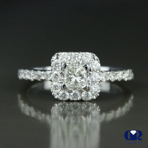 0.83 Carat Princess Cut Diamond Halo Engagement Ring In 14K White Gold