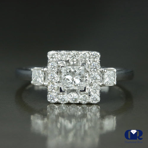 0.68 Carat Princess Cut Diamond Halo Engagement Ring In 14K White Gold