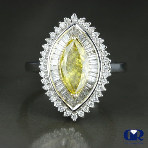 1.86 Carat Fancy Yellow Marquise Cut Diamond Engagement Ring In 18K White Gold