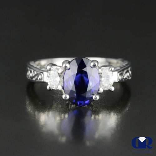 Women's Oval Sapphire & Diamond Three Stone Cocktail Ring & Right Hand Ring In 14K White Gold