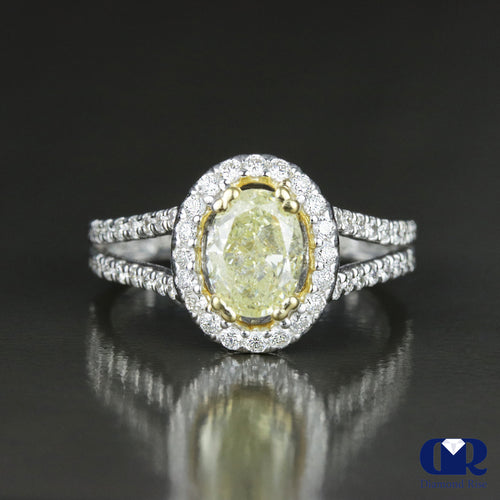 1.81 Carat Oval Cut Fancy Yellow Halo Engagement Ring In 14K White Gold