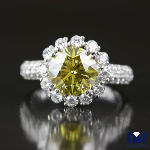 3.66 Carat Round Cut Fancy Yellow Halo Engagement Ring In 18K White Gold