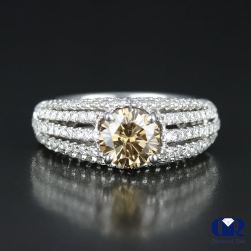 2.55 Carat Round Cut Fancy Brown Diamond Engagement Ring In 18K White Gold