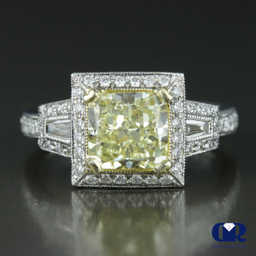 3.07 Carat Fancy Yellow Radiant Cut Diamond Halo Engagement Ring In 18K White Gold