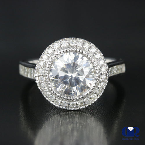 3.45 Carat Round Cut Diamond Halo Engagement Ring In 14K White Gold