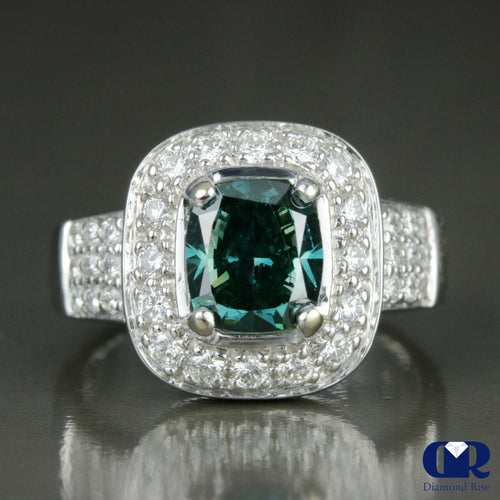 2.86 Carat Cushion Cut Blue Diamond Halo Engagement Ring In 18K White Gold
