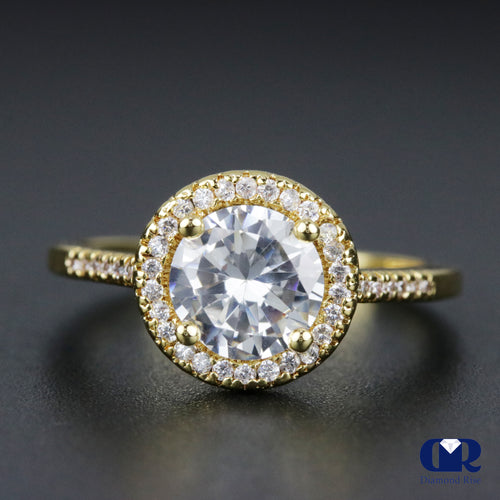 1.30 Carat Round Cut Diamond Halo Engagement Ring In 14K Yellow Gold