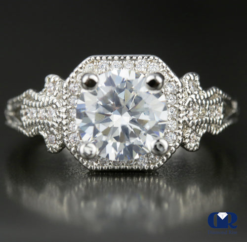 1.95 Carat Round Cut Diamond Halo Engagement Ring In 14K White Gold