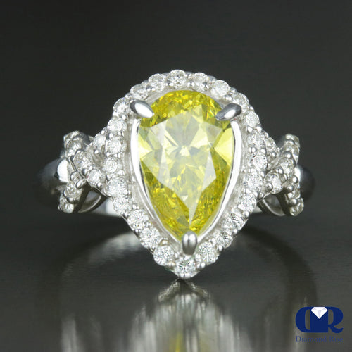 2.85 Carat Fancy Yellow Pear Cut Diamond Halo Engagement Ring In 14K White Gold
