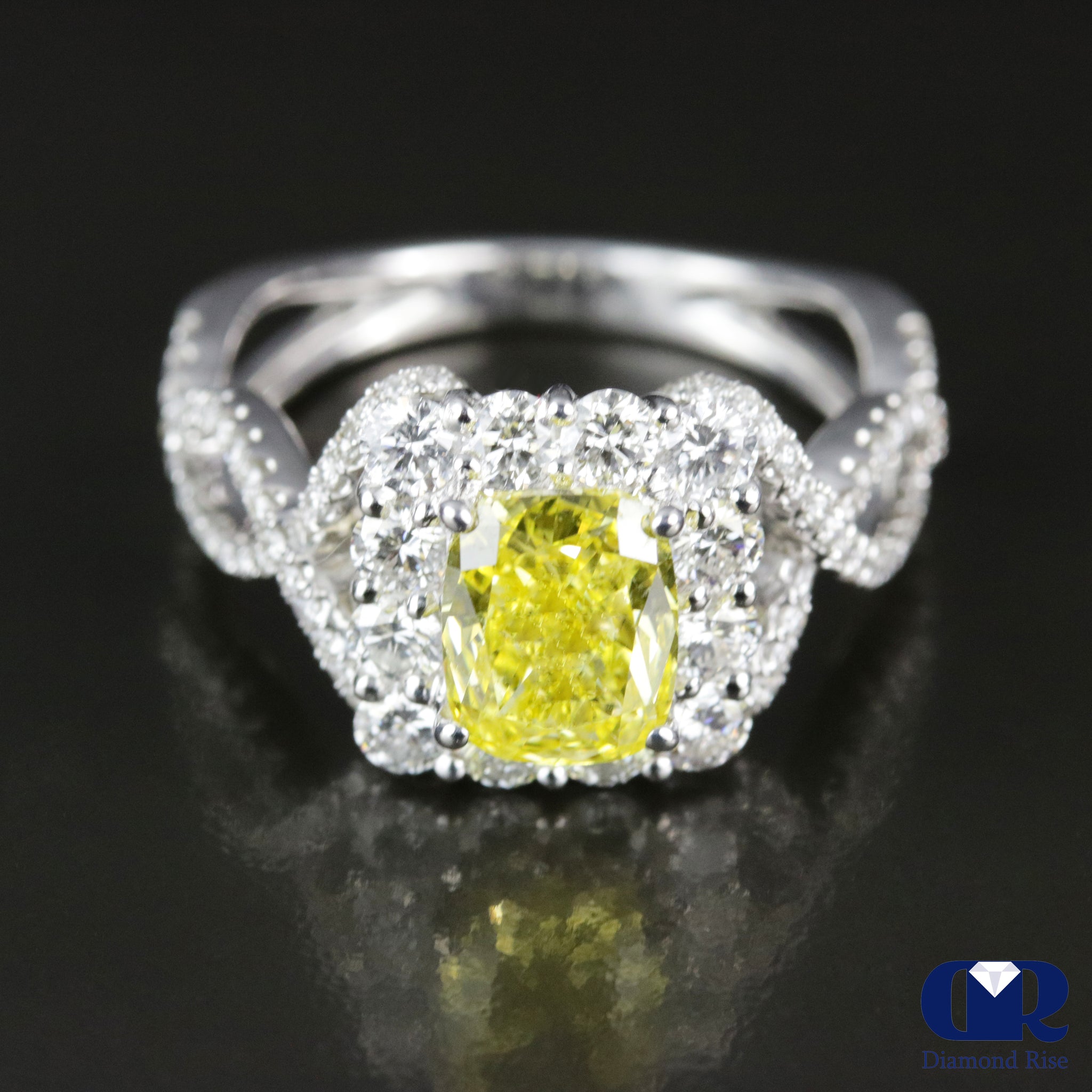 2.45 Carat Fancy Yellow Cushion Cut Diamond Twisted Engagement Ring In ...