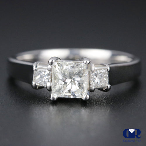 0.91 Carat Princess Cut Diamond Three Stone Engagement Ring In 14K White Gold