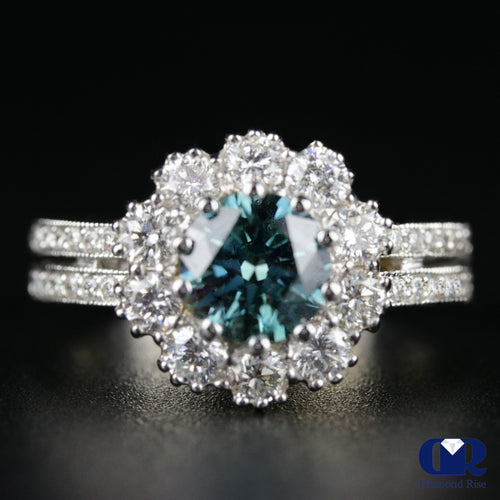 2.34 Carat Round Cut Blue Diamond Halo Engagement Ring In 14K White Gold