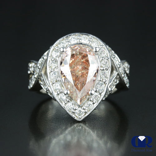 4.08 Carat Pink Pear Cut Diamond Halo Twisted Engagement Ring In 14K White Gold