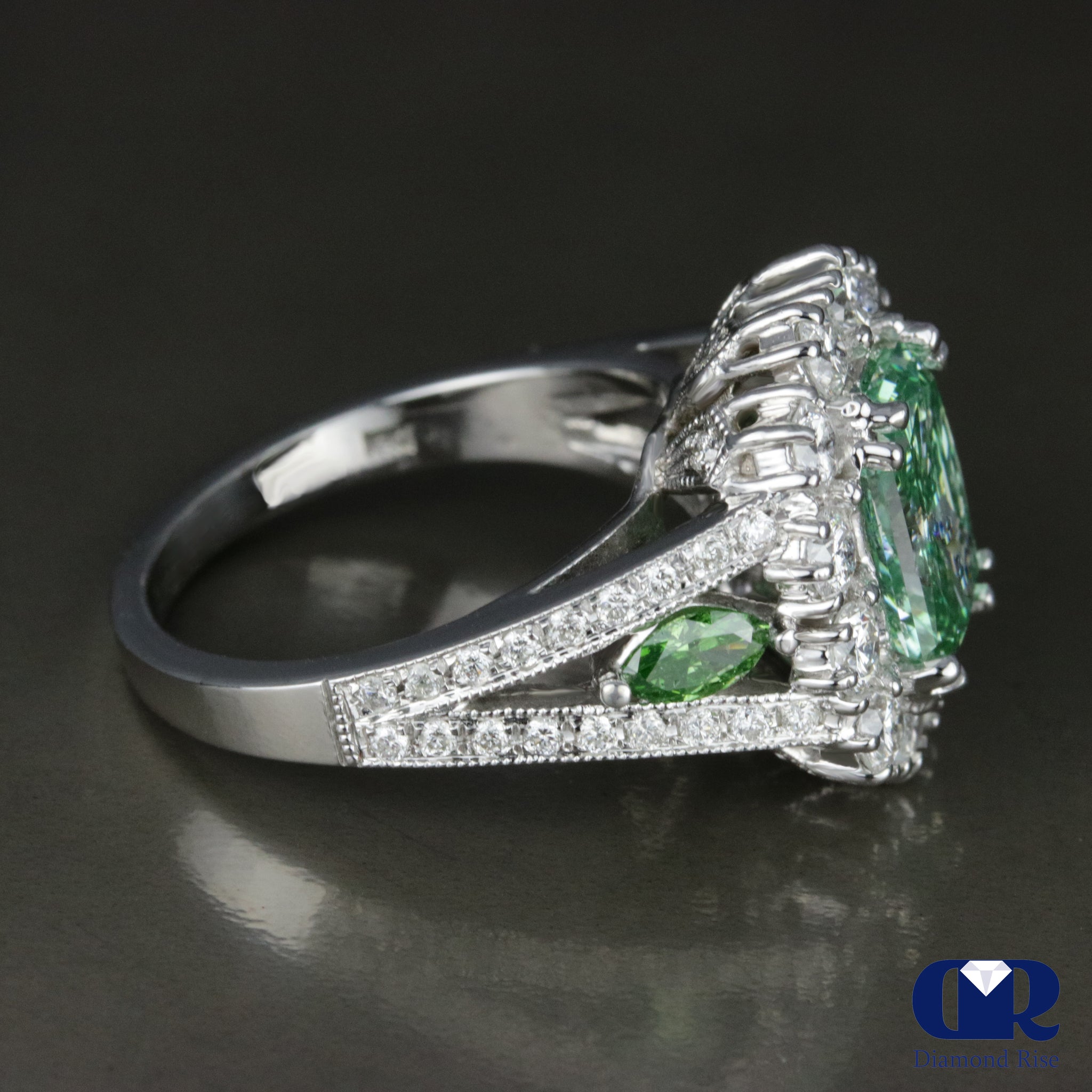3.90 Carat Fancy Green Radiant Cut Diamond Halo Engagement Ring In 14K ...