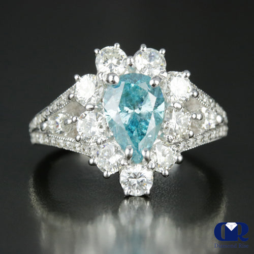 3.08 Carat Fancy Blue Pear Cut Diamond Engagement Ring In 14K White Gold
