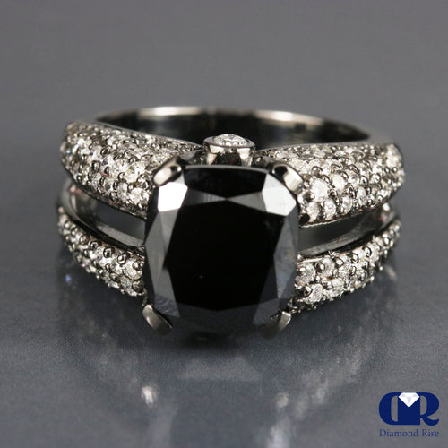 4.45 Carat Cushion Cut Black & White Diamond Split Shank Engagement Ring 14K Gold