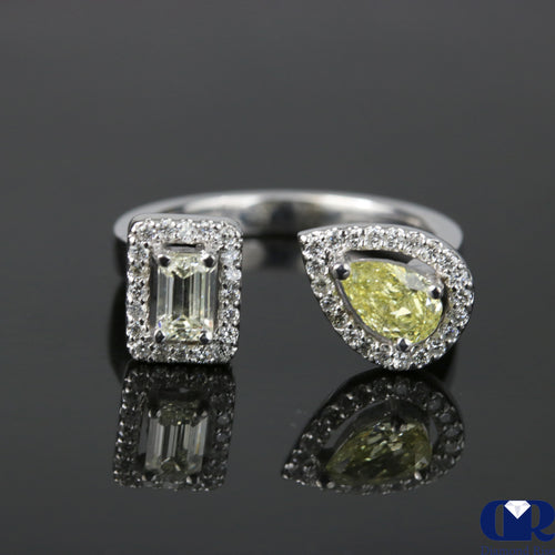 Fancy Yellow Pear Shaped & Emerald Cut Diamond Halo Engagement Ring 14K Gold