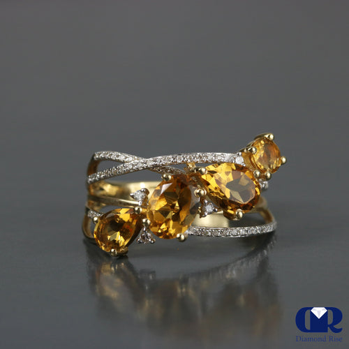 Diamond & Citrine Cocktail Ring & Right Hand Ring In 14K Gold