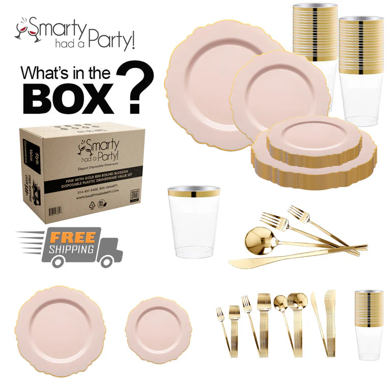 Elegant pink disposable plastic tableware set with a gold blossom rim, including plates, cups, bowls, and utensils for a sophisticated touch.