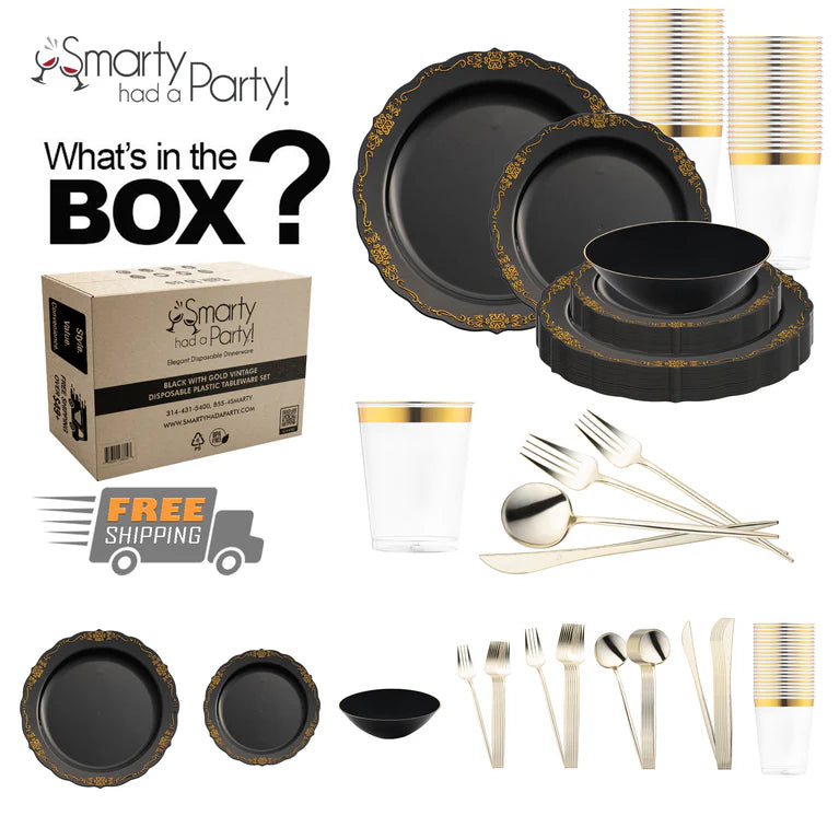 Vintage-inspired black and gold disposable plastic tableware set, offering a refined and classic look for your next event or dinner party.