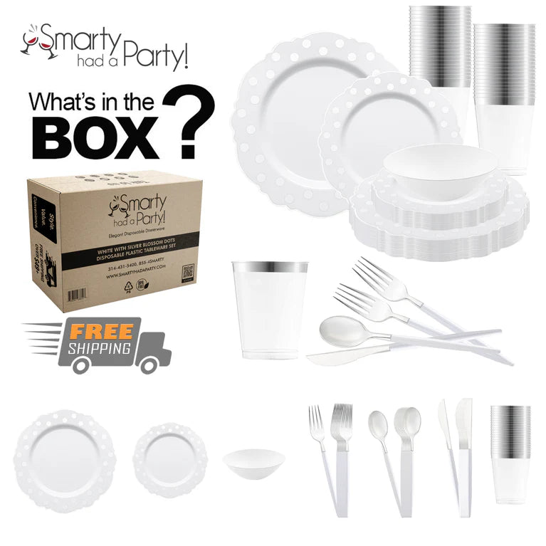 Elegant white disposable plastic tableware set with silver blossom dot design, including plates, cups, bowls, and utensils, perfect for sophisticated events.