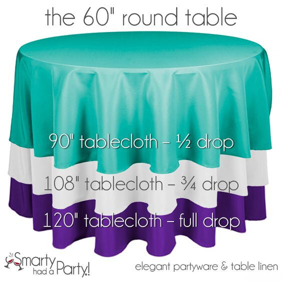 Disposable tablecloth size guide for 60'' round tables.