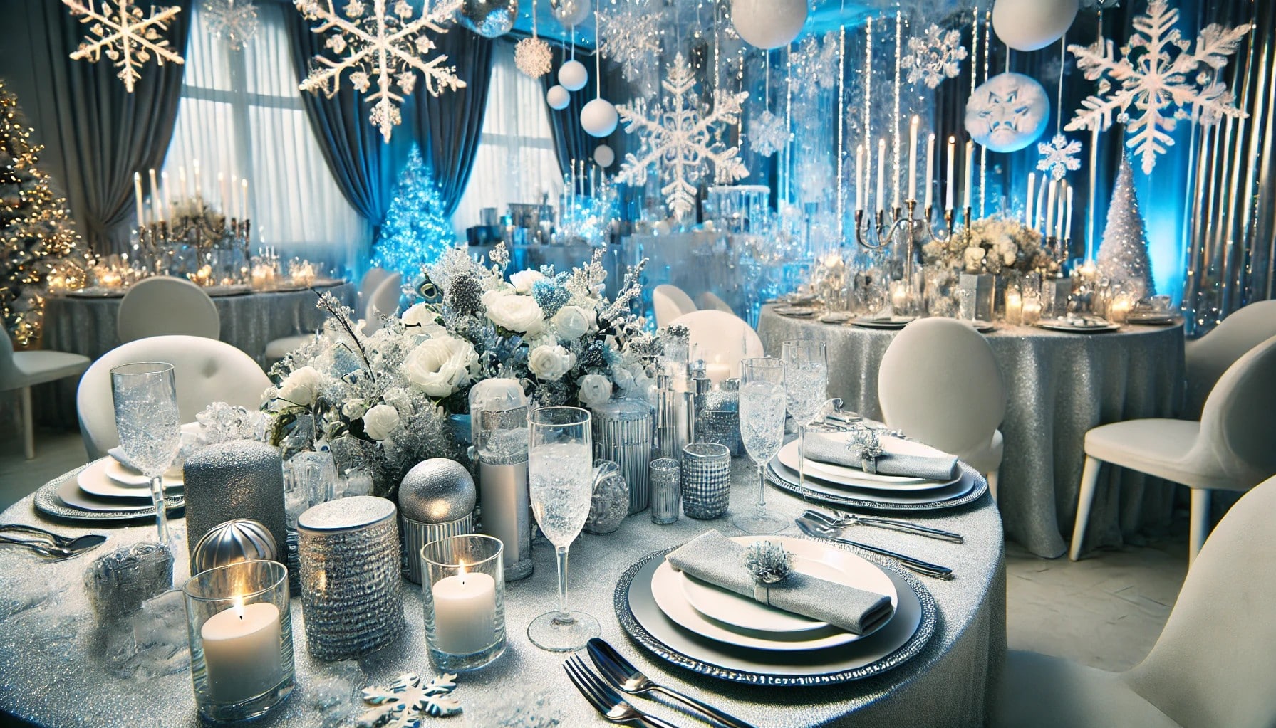 A beautifully arranged table for a company annual end of the year party, adorned with elegant silver and white decorations for a festive atmosphere.