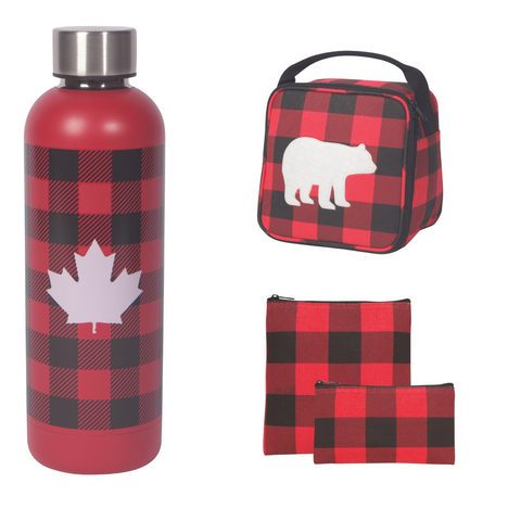 red plaid water bottle snack bag lunch box designed in bc