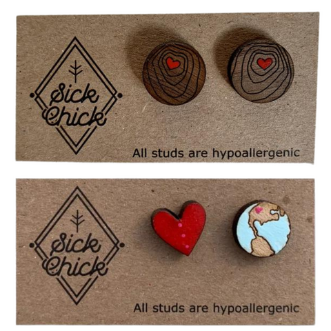 2 pairs of wood stud earrings by sick chick revelstoke bc