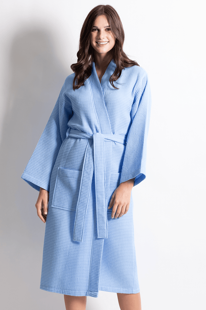 Premium Waffle robe long, Polyblend blue — RobesNmore