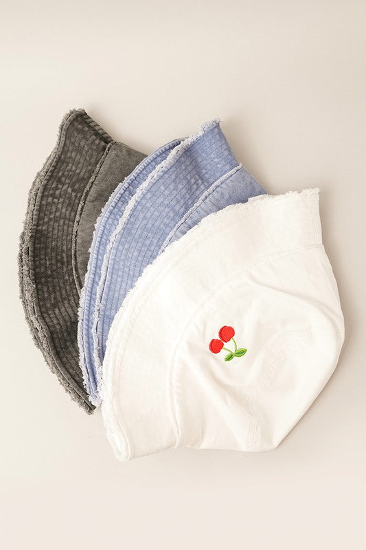 Cherry Distressed Denim Cotton Bucket Hat - Style Baby OMG Fashion Boutique