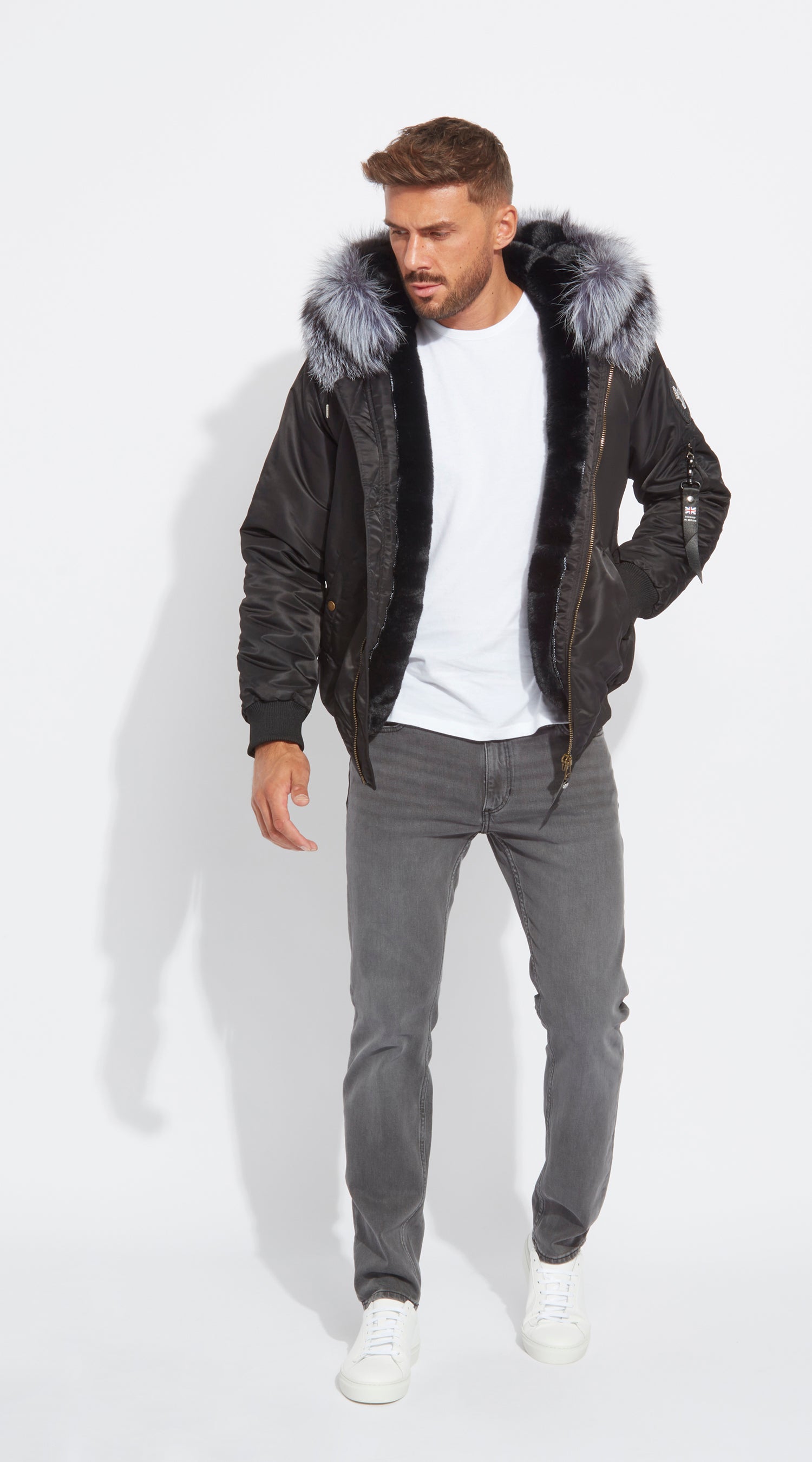 Impeccable Silver Fox Fur Bomber Jacket