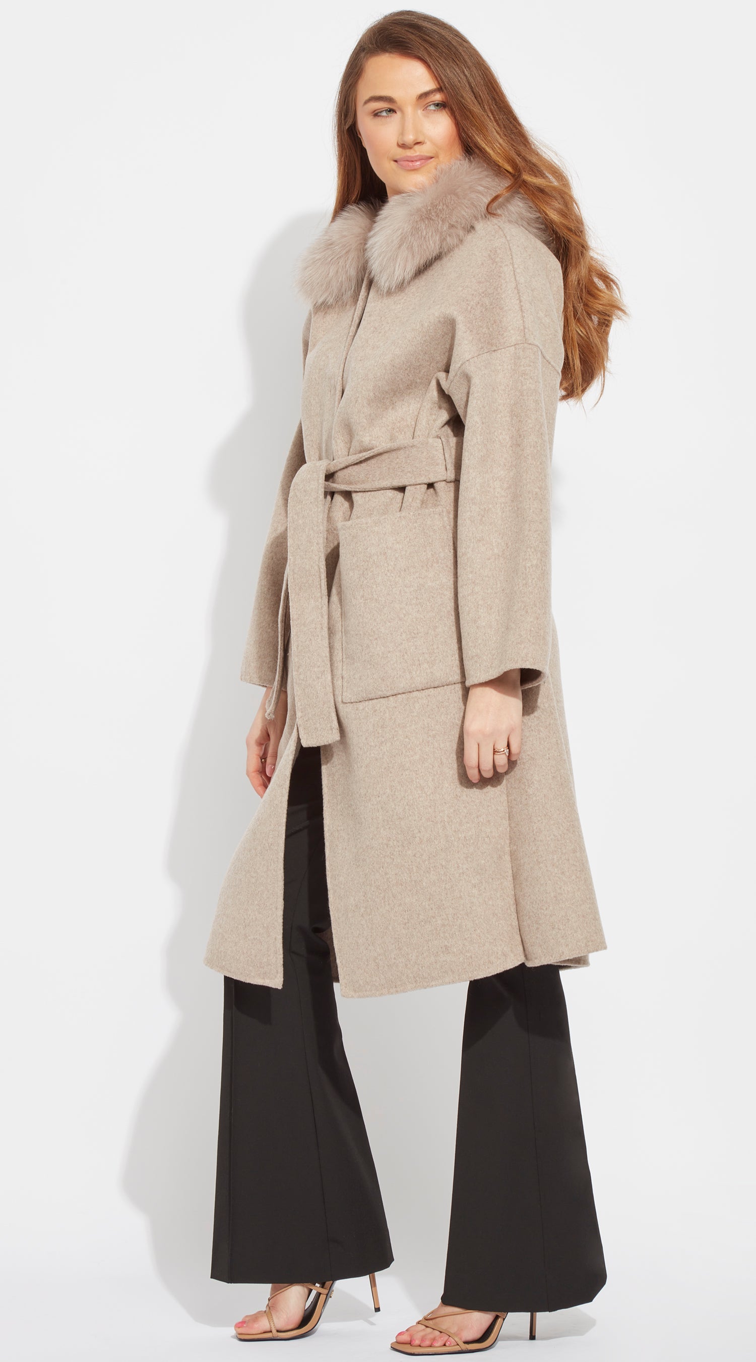 Taupe Belted Faux Fur Coat, Coats & Jackets