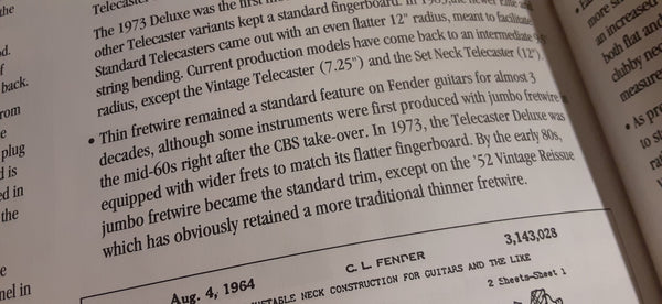 Text from the History of Fender Book detailing fret sizes