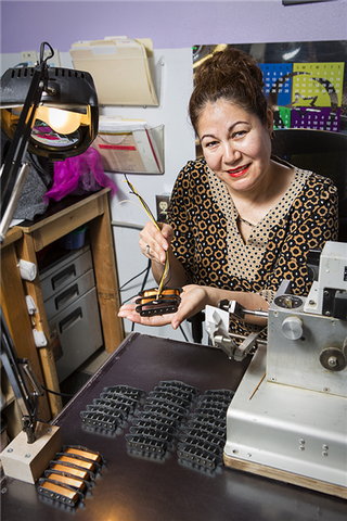 Josefina with some of her hand wound master pieces: the Ancho Poblano Stratocaster Pickup