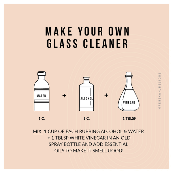 Make your own Glass Cleaner recipe: mix: 1 cup of each rubbing Alcohol & water  + 1 tblsp white vinegar in an old spray bottle and Add essential oils to make it smell good!